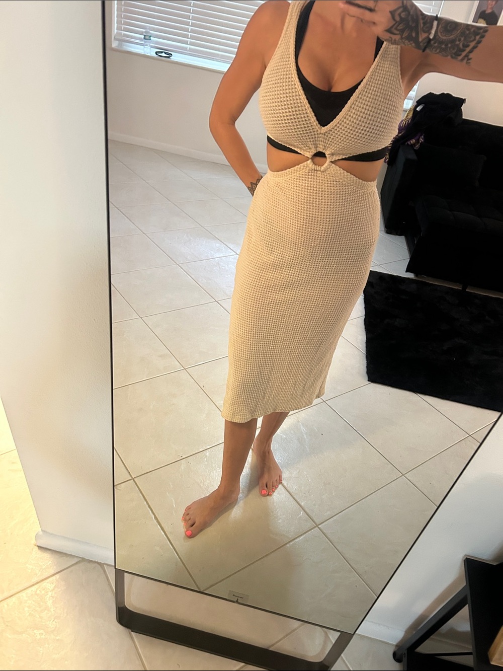 SHEIN Cream Knit Ring Cutout Midi Skirt